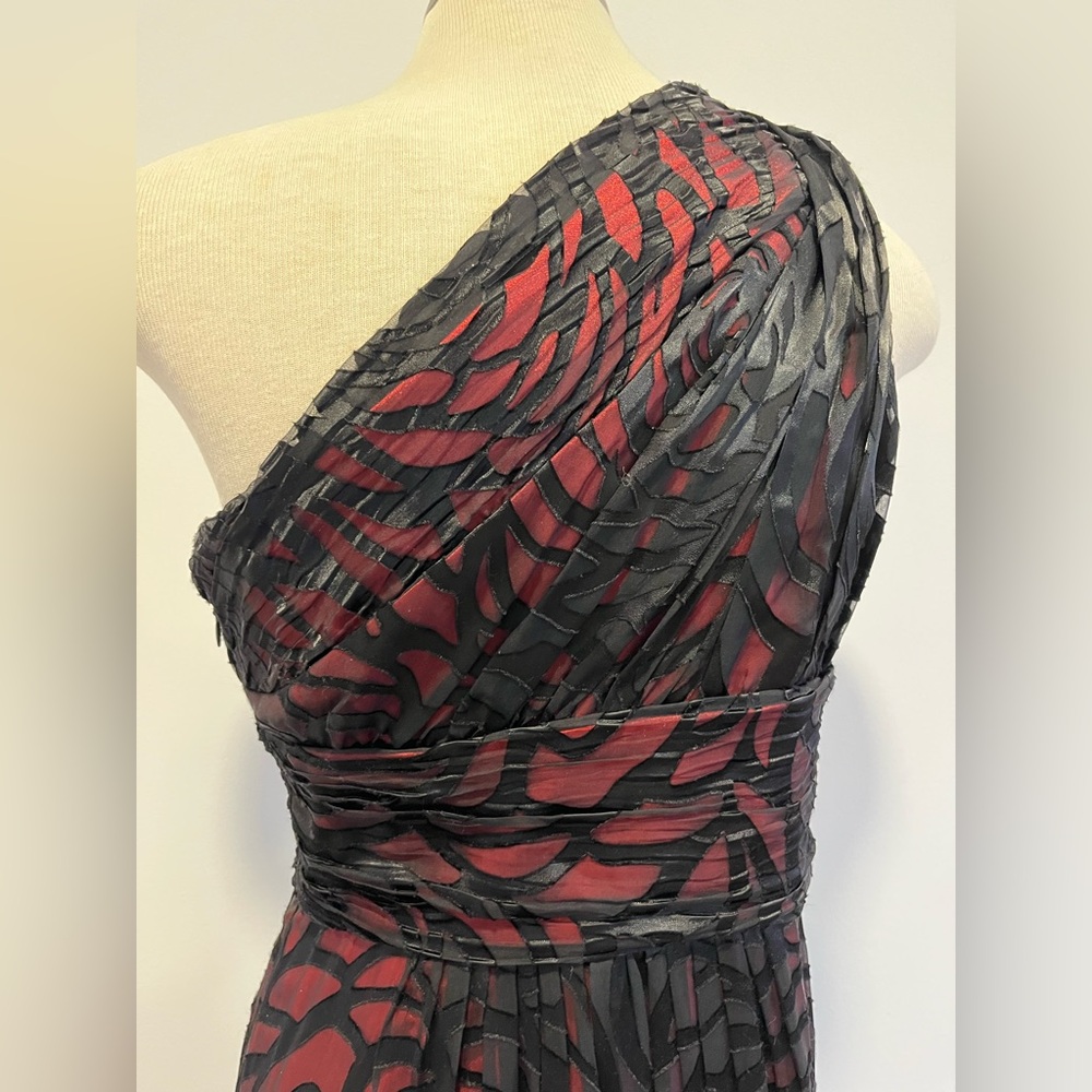 Le Chateau One-Shoulder Black Red Midi Silk Evening Cocktail Prom Formal Dress - Picture 9 of 16